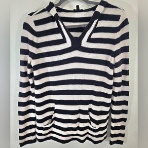 Talbots Petites Navy/Ivory Striped Cotton Knit Hooded Sweater Nautical, size MP